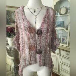 Brown and Pink Loose Knit Plus Size Cardigan size 3X boho artsy unique